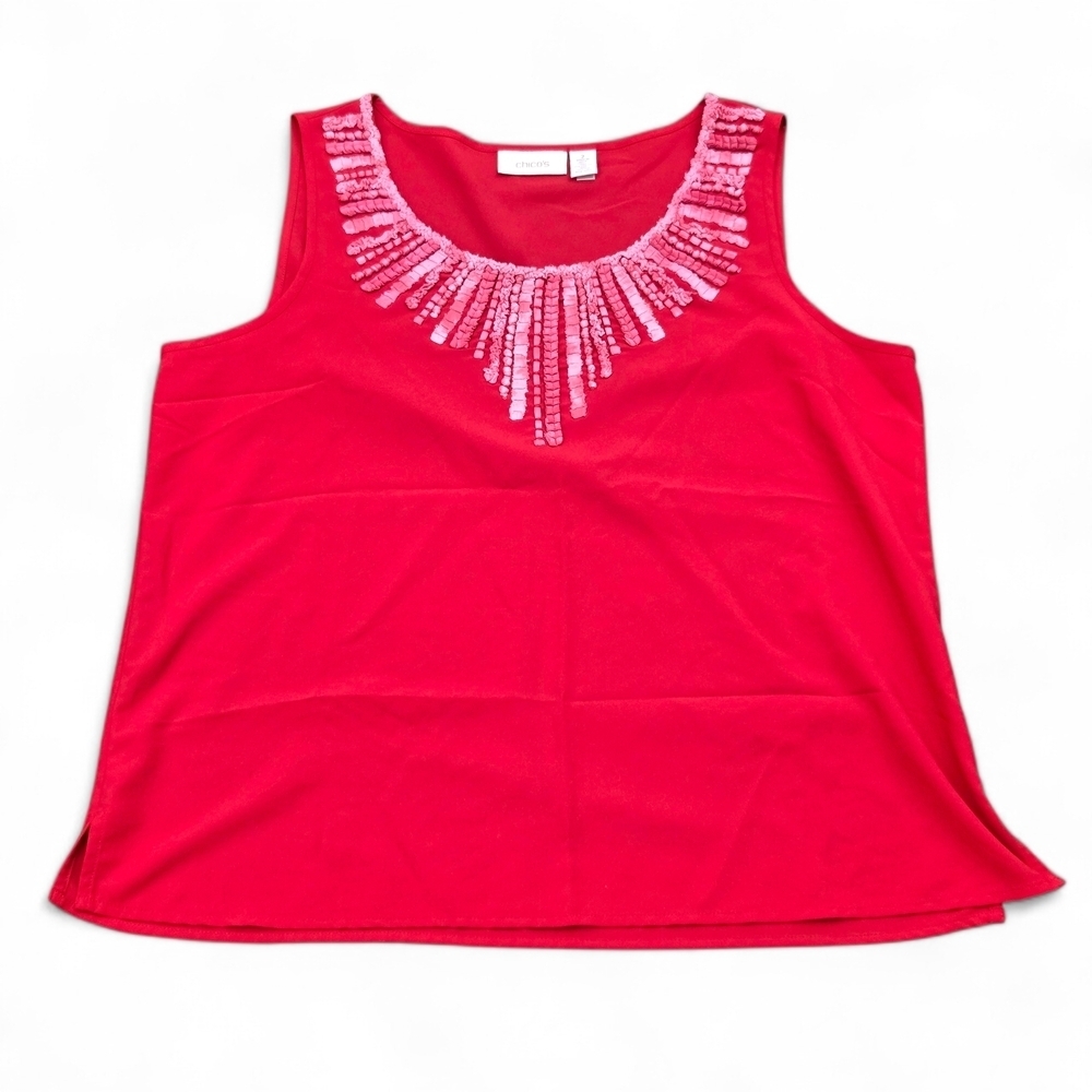 Chico's Red Embellished Neckline Sleeveless Tank Top Blouse Size 2 Large